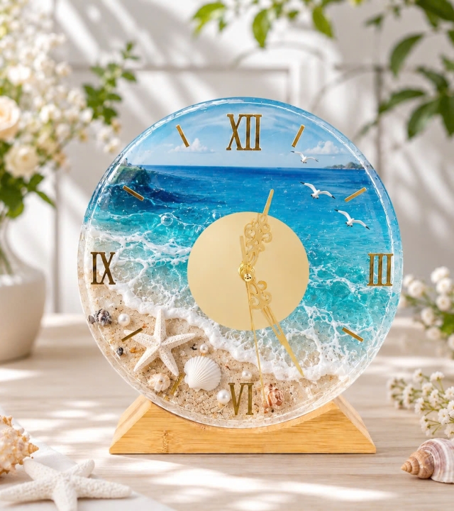 Đồng hồ hoa cưới epoxy- hình tròn biển